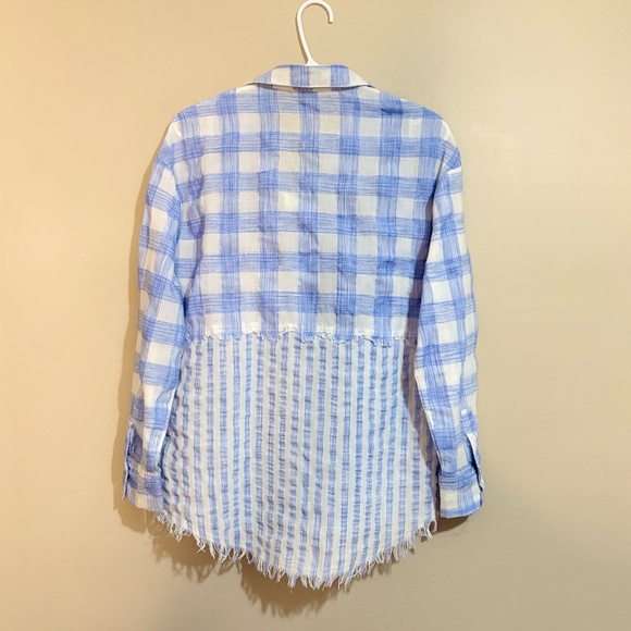 Entro Blue & White Contrasting Pattern Cotton Button Up w Frayed Hem - Picture 10 of 14